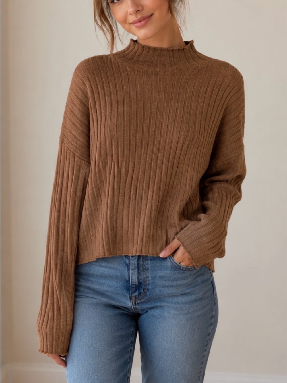 GAP Tan Cowl Neck Sweater with Ribbed Knit
